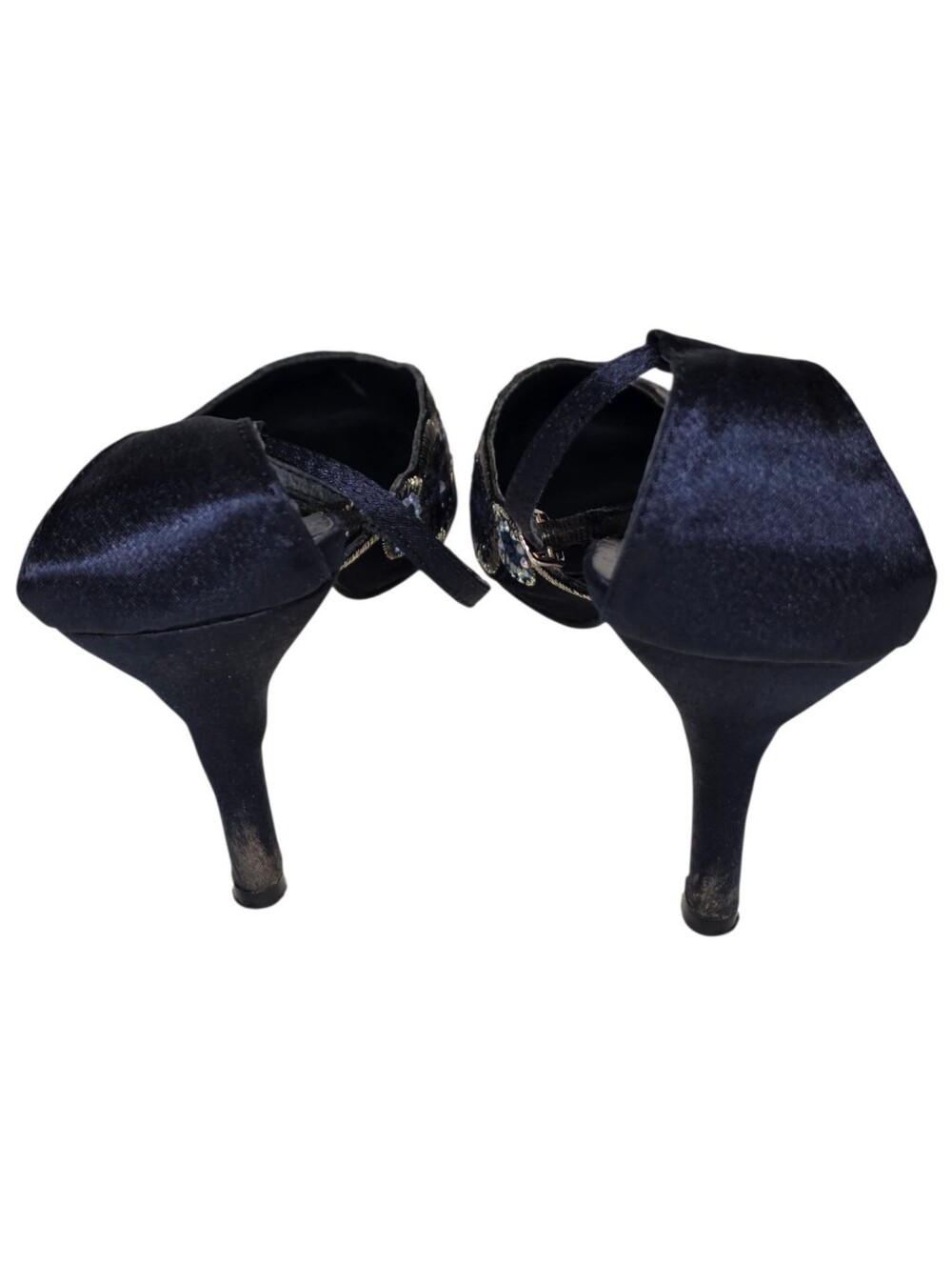 J Loren Collection Pointed Toe Slingback Heels Navy Blue Embroidered Satin 9.5 - Picture 4 of 12